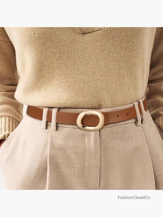 Cow Split Leather Skinny Belt with Gold Oval Buckle - Dress Pants main image 4